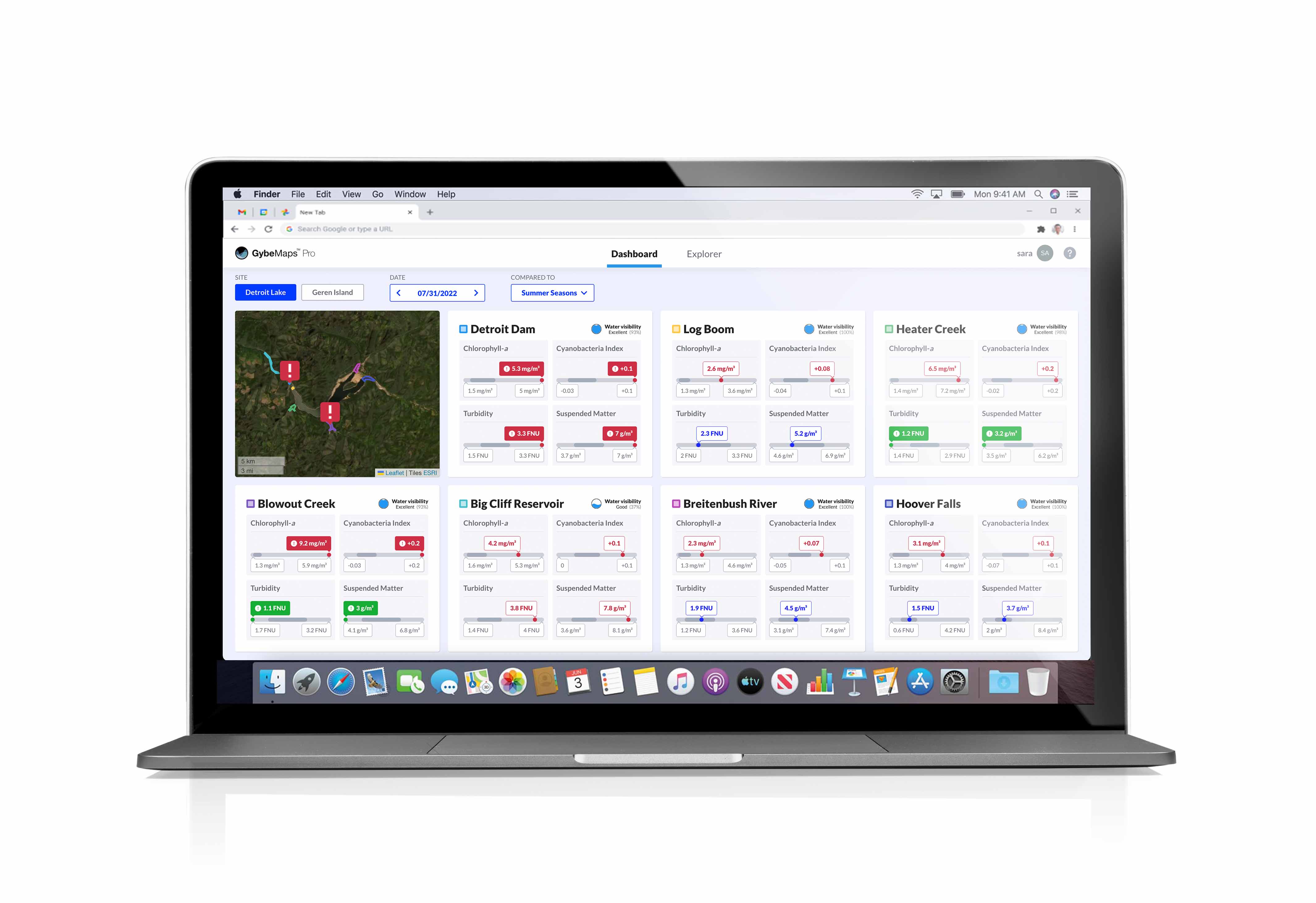 GybeMaps dashboard showing Detroit Lake and water-quality readings for several monitoring locations