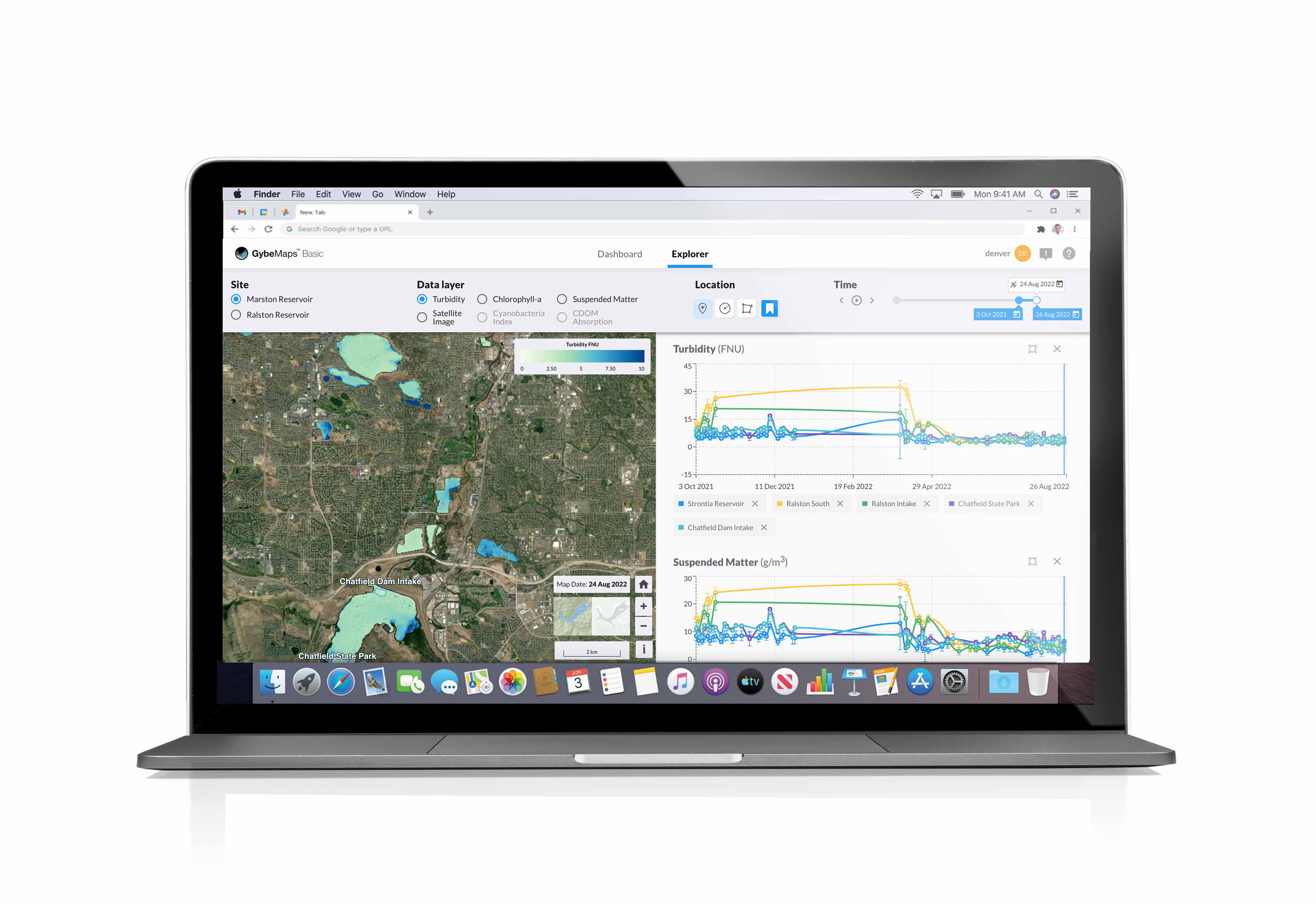GybeMaps Explorer with reservoir locations on a map alongside turbidity and suspended-matter time-series charts