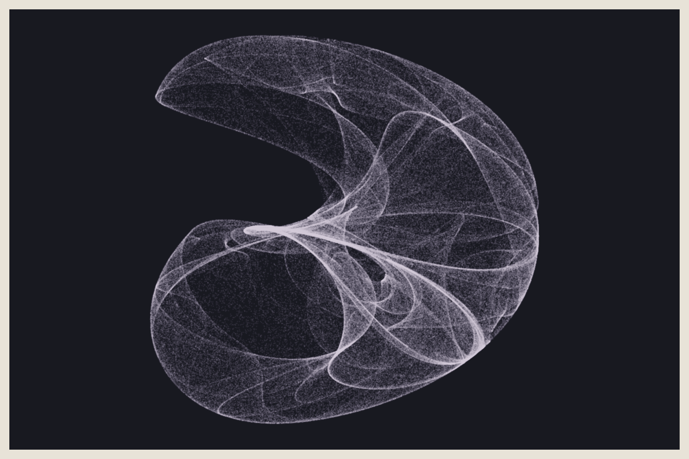 A pale lilac De Jong attractor with a dense woven structure against a dark ground