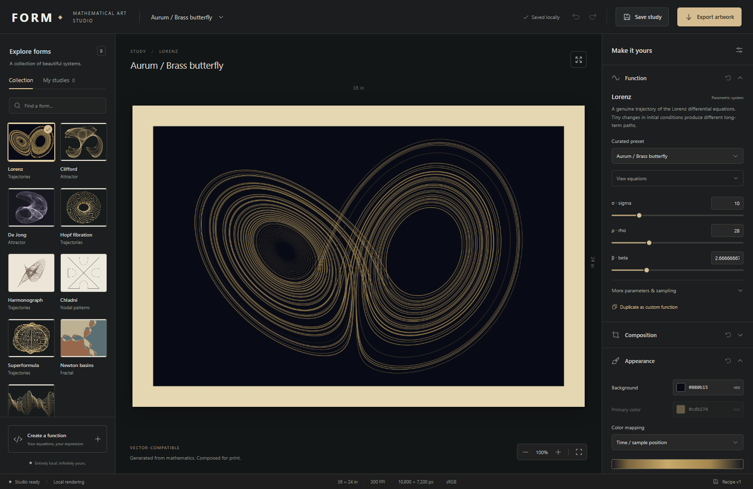 FORM desktop studio with a mathematical artwork preview and controls for function, composition, appearance, typography, and print