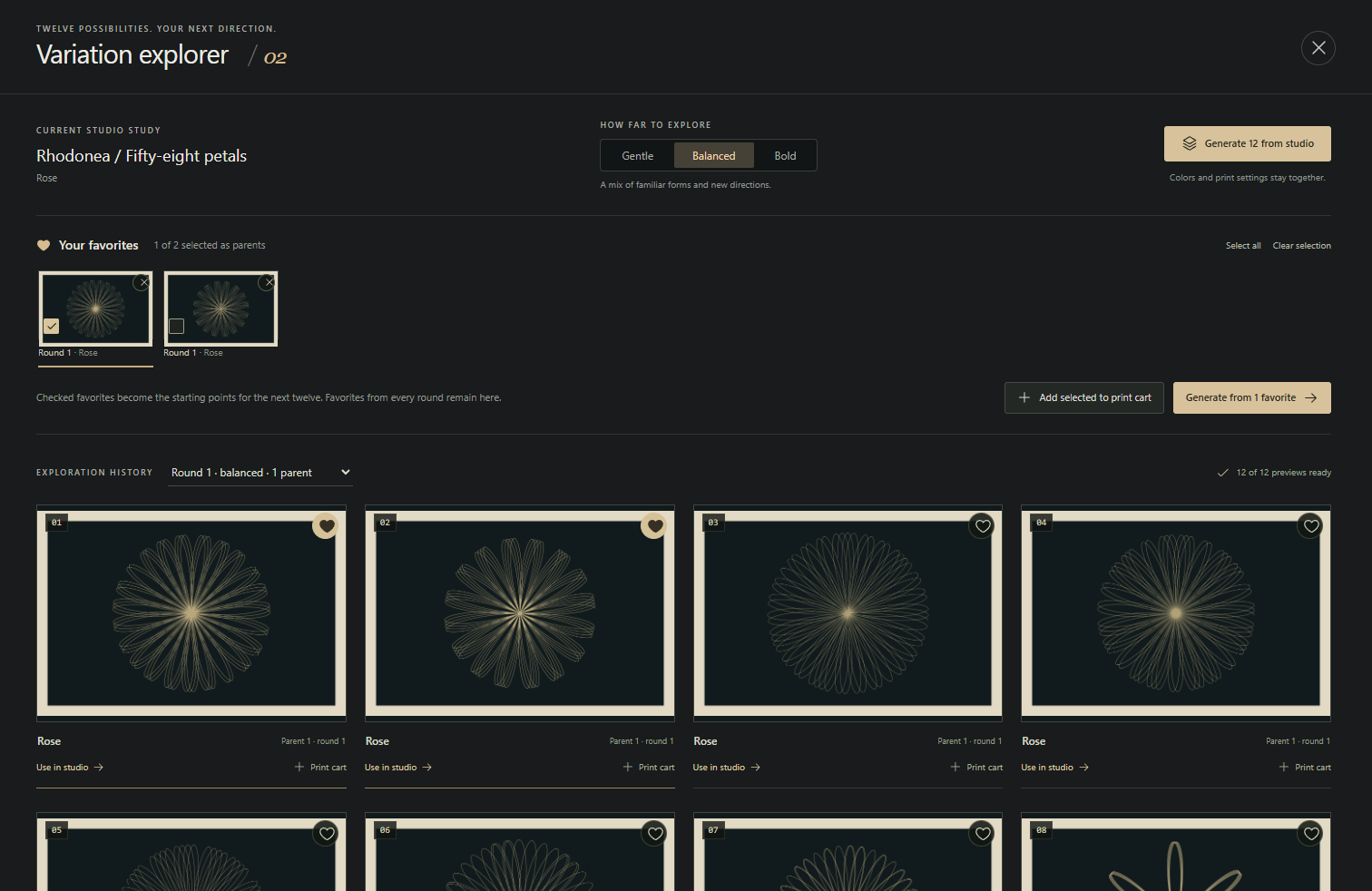 FORM variation explorer showing a grid of related mathematical artworks and favorite controls