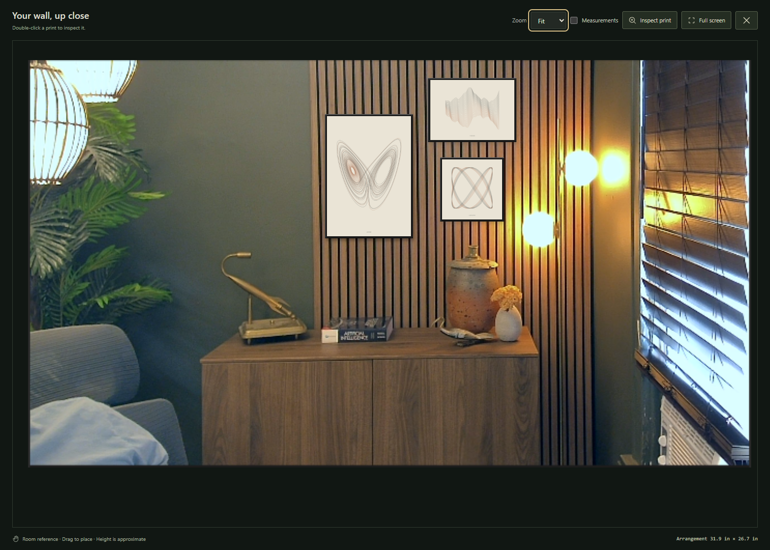 FORM wall preview arranging three framed mathematical prints over a photograph of the office