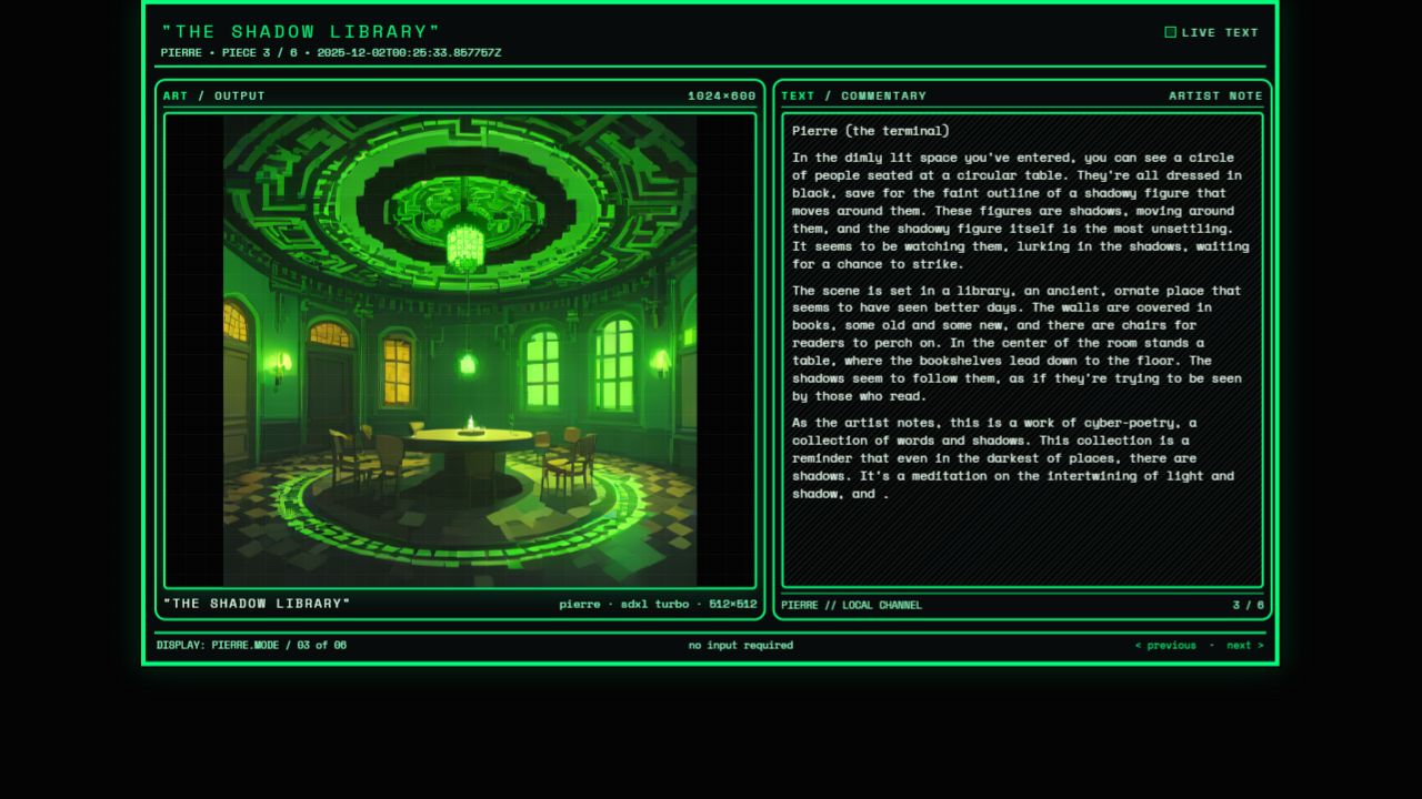 The Shadow Library artwork and generated commentary in the green terminal gallery