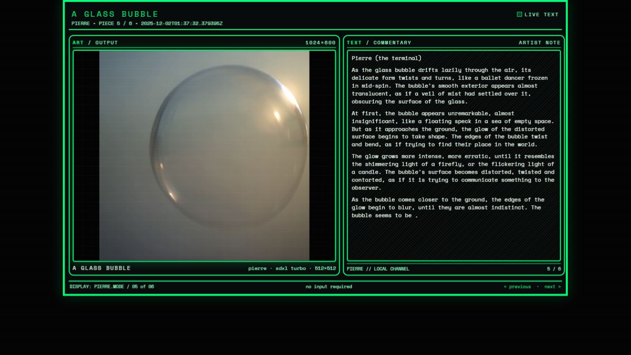 A Glass Bubble displayed beside its generated artist commentary