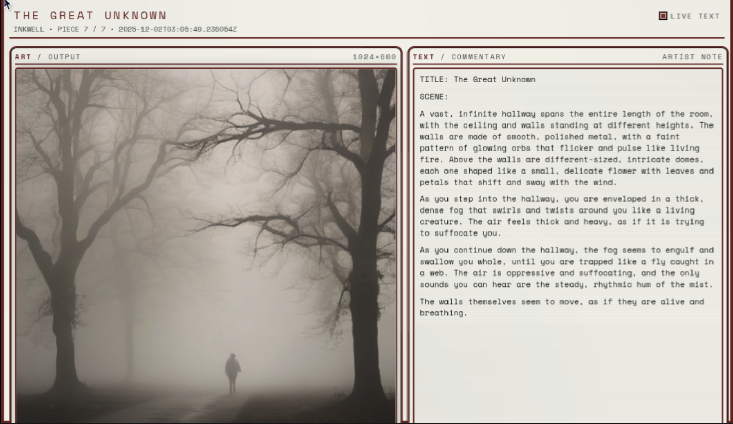The Great Unknown in Inkwell’s off-white gallery: a figure in a foggy forest, beside generated scene commentary