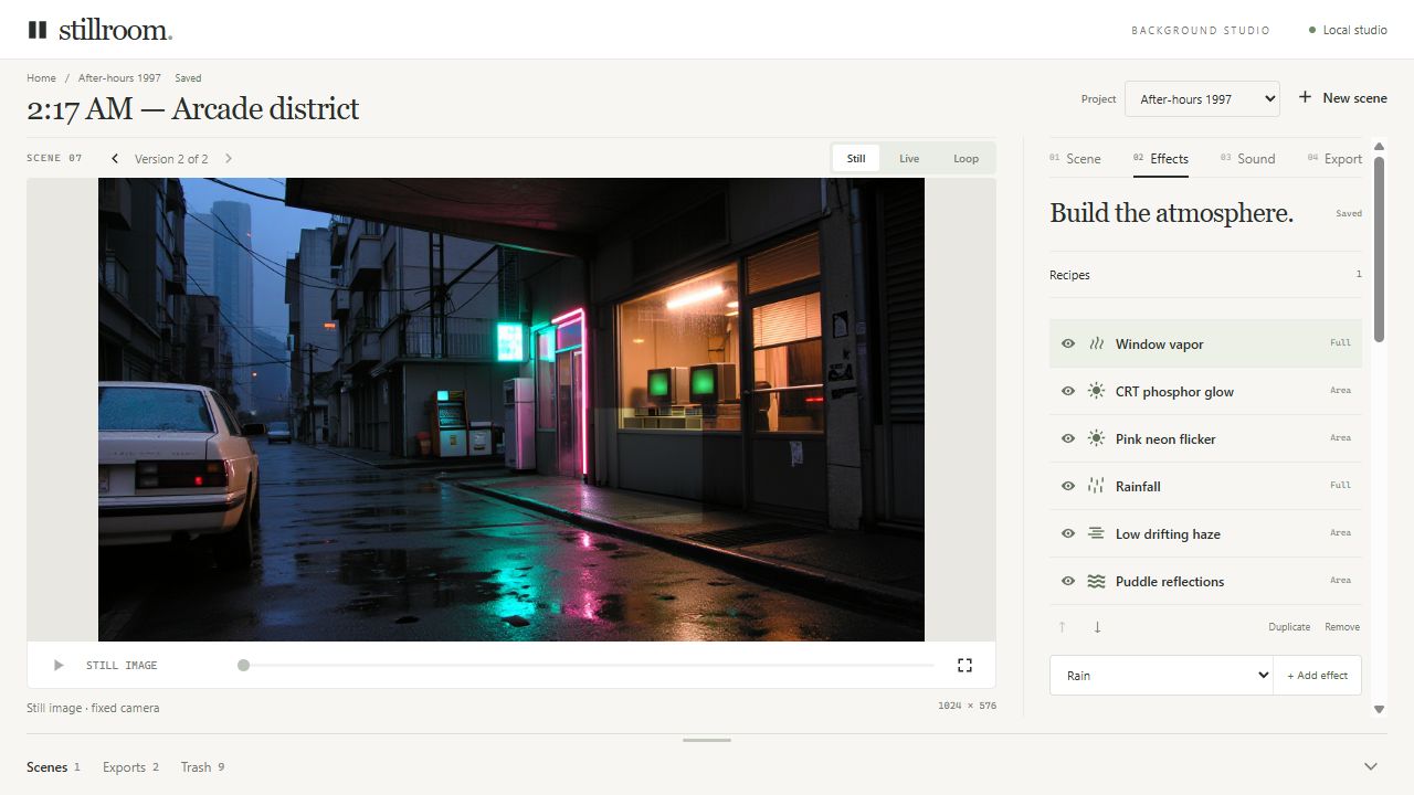 StillRoom effect controls showing vapor, glow, rain, haze, and puddle reflections