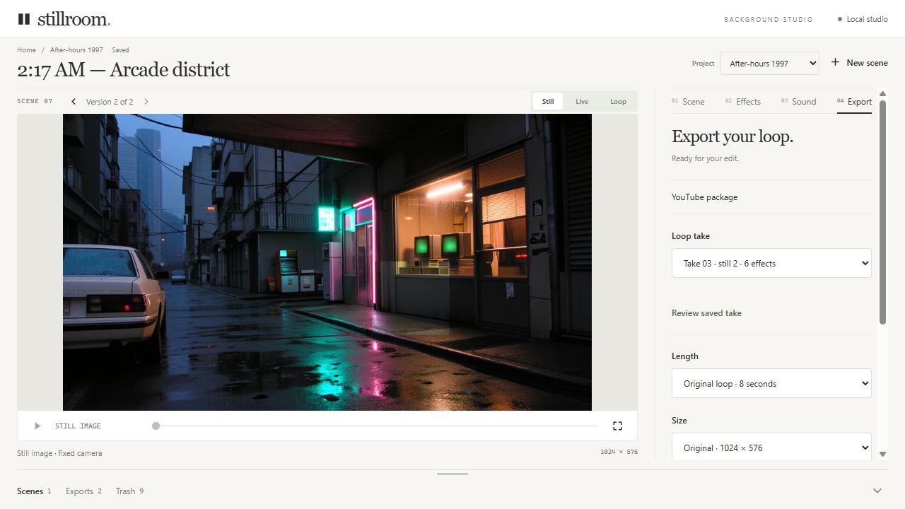 StillRoom export panel with take selection, duration, resolution, and saved export controls