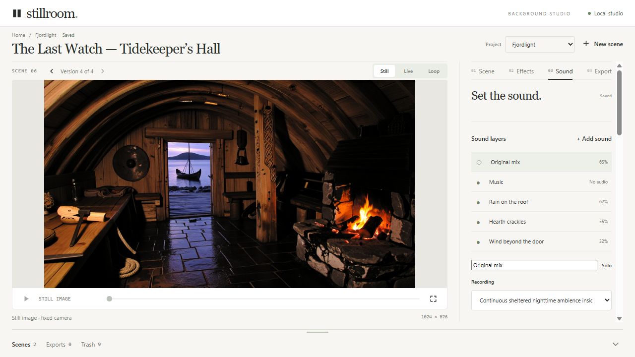 StillRoom sound mixer with rain on the roof, hearth crackles, and wind beyond the door