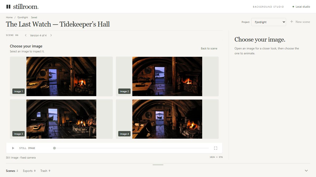 Four saved variations of Tidekeeper’s Hall in the StillRoom image chooser