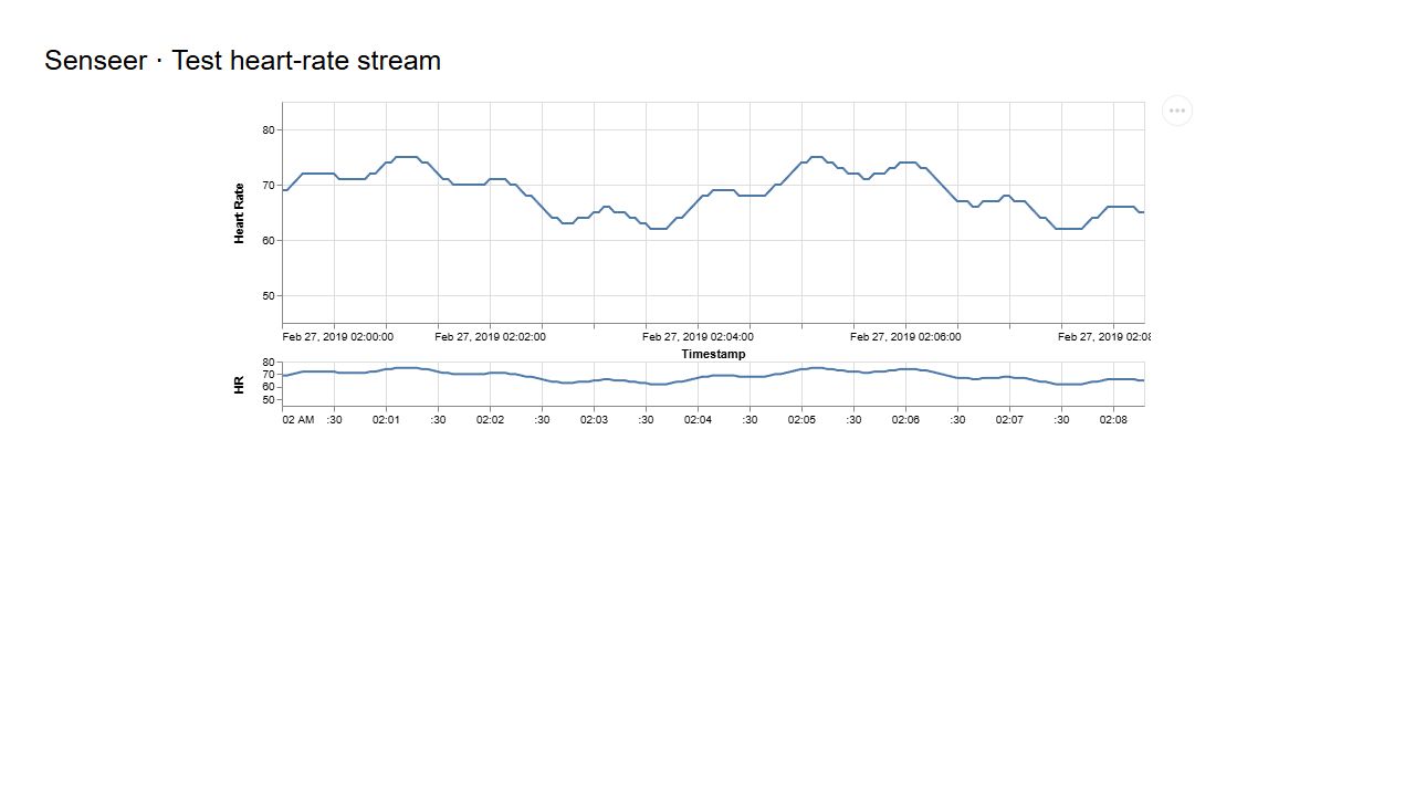 Senseer heart-rate line chart with a time-window overview beneath it