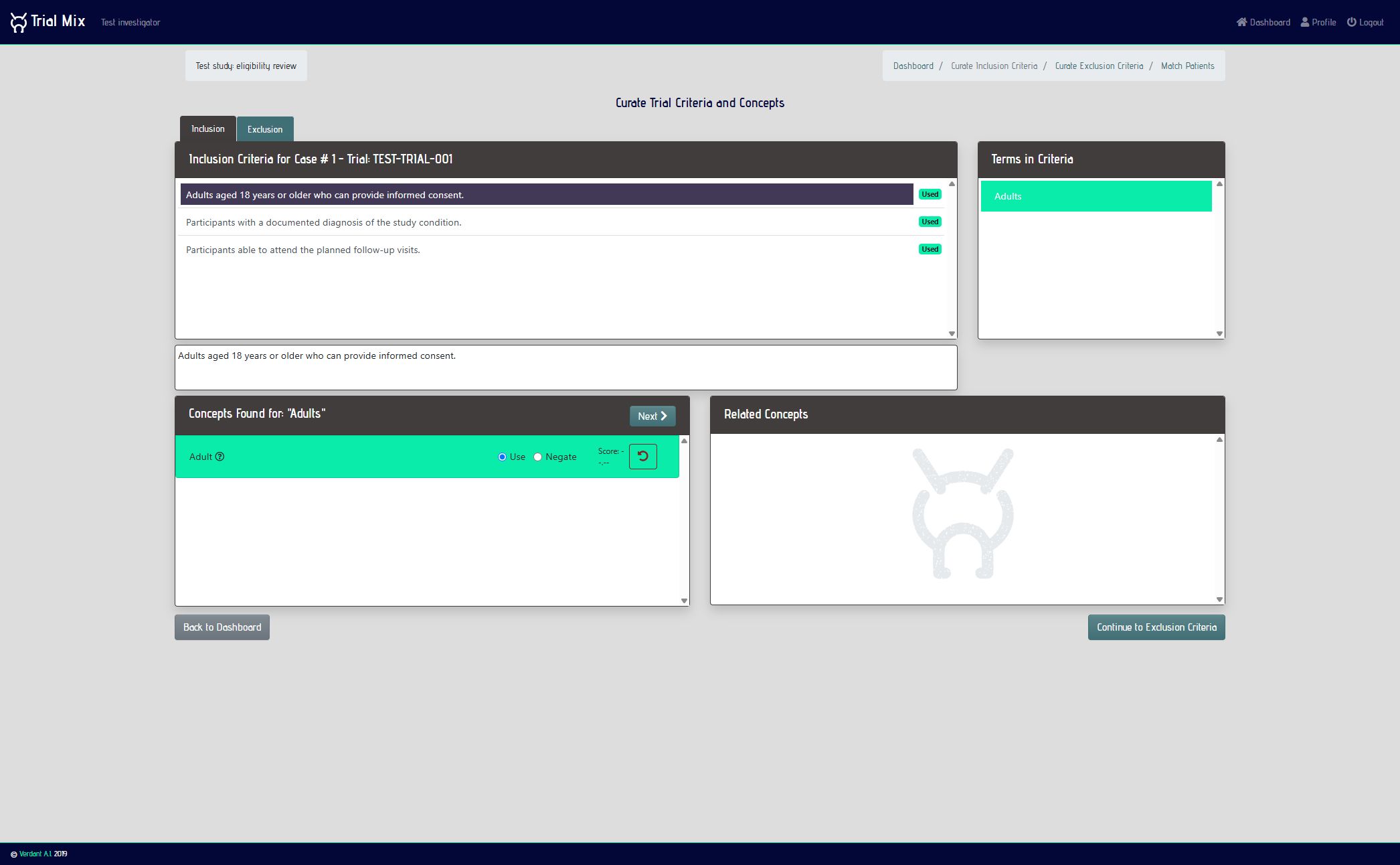 The TrialMix interface for reviewing inclusion criteria and related medical concepts